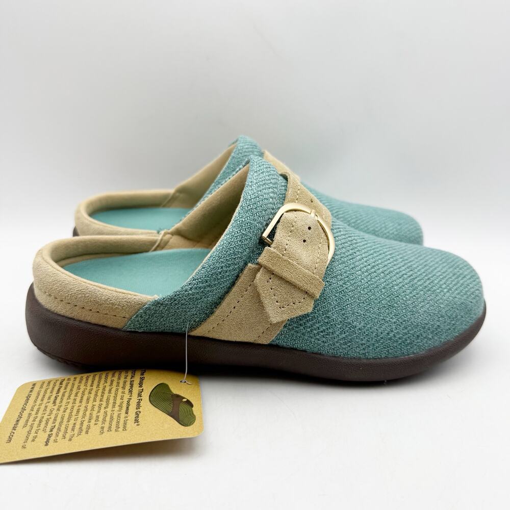 Spenco Womens Aria Slip-On Shoes Size 6.5 Wide EU 37 Teal Blue Tan NIB